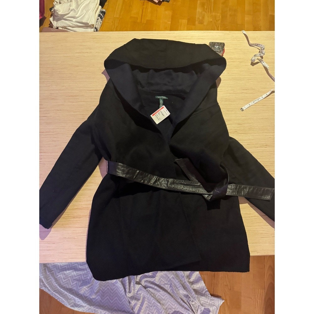 Lauren Ralph Lauren Black Wool Blend Hooded Wrap Coat Leather Belt 14 NWT 26 - Picture 6 of 6
